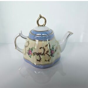 Decorative Mini Teapot Yellow Blue Floral Gold Trim Ceramic Collectible Gift